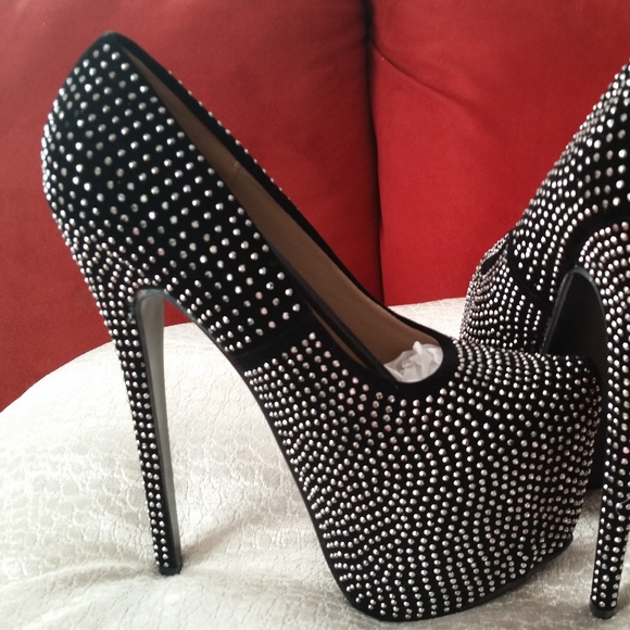 Black Rhinestone Platform Pump Heels Faux Suede - Picture 1 of 1